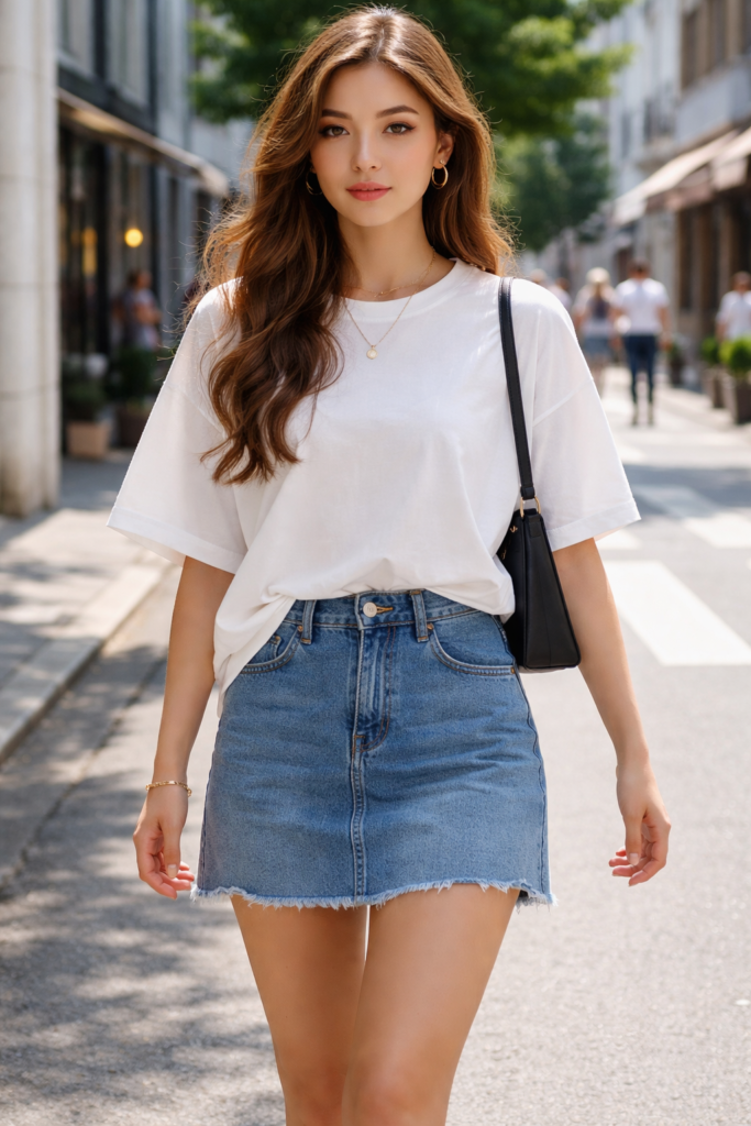Oversized T-Shirt with Denim Skirt