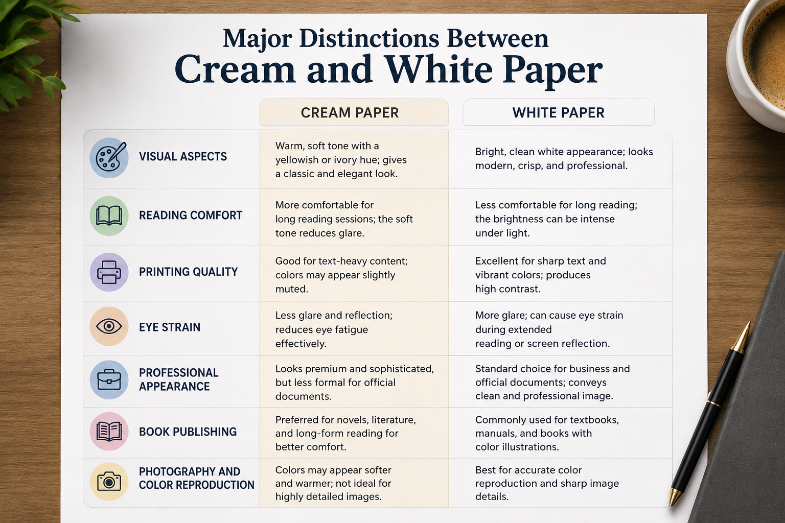 Major distinctions between cream and white paper