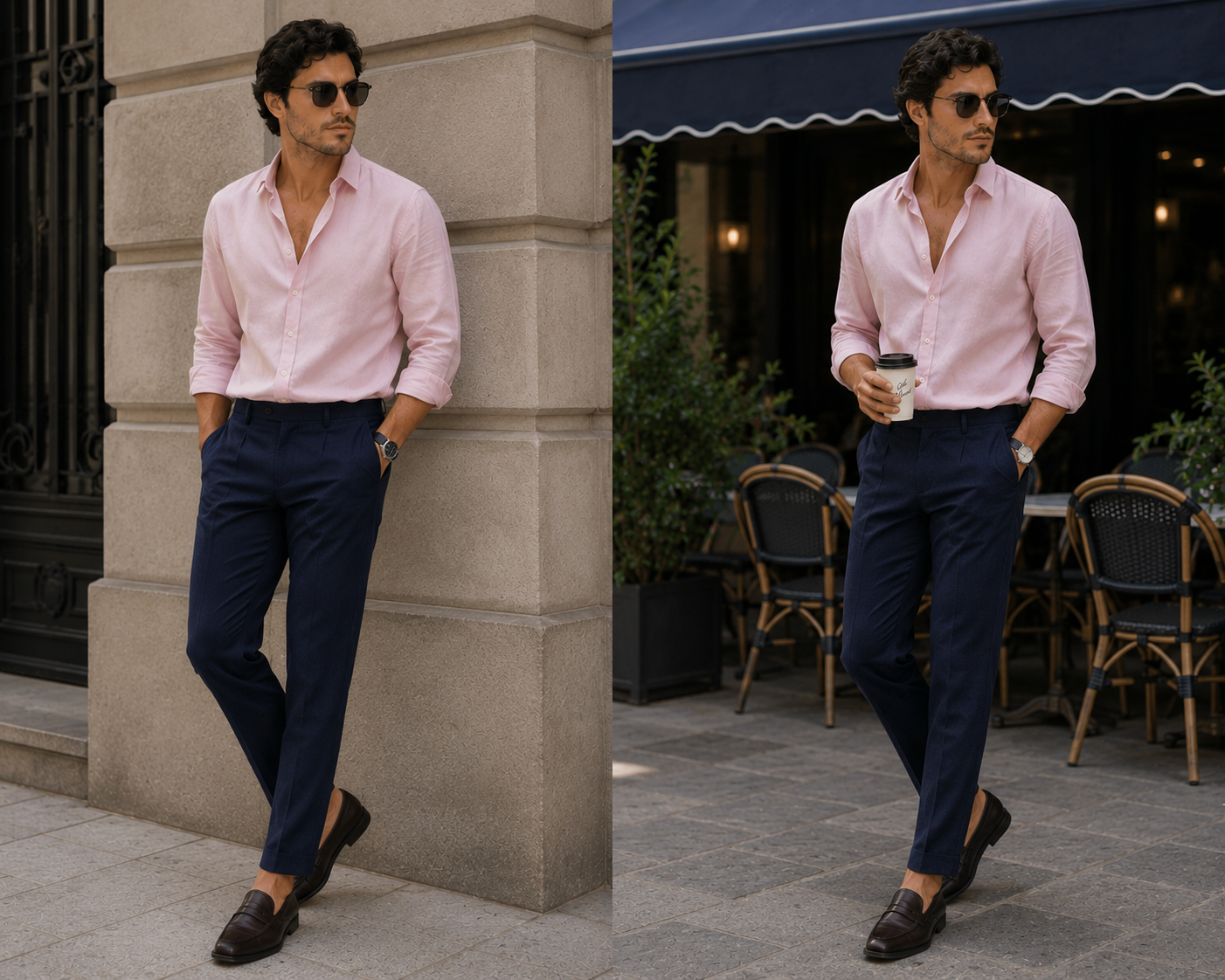 Pastel Pink Shirt with Navy Blue Pants