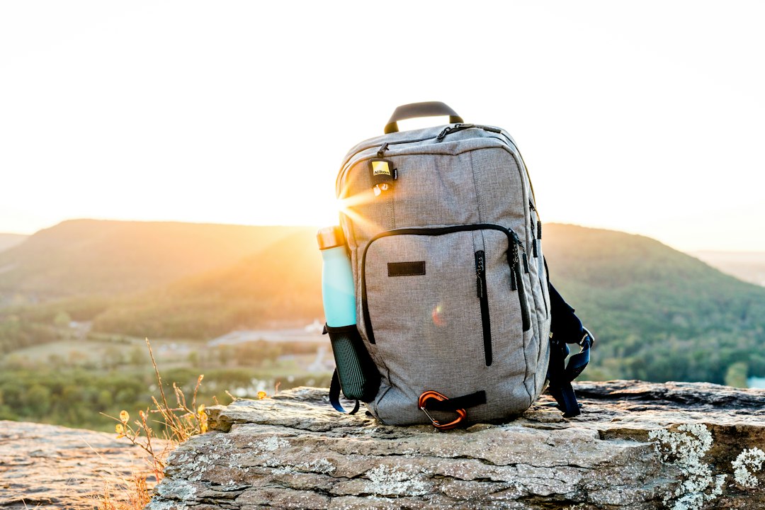 Backpack resting on a rock