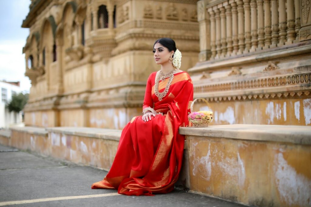 Model photoshoot of a woman wearing a saree