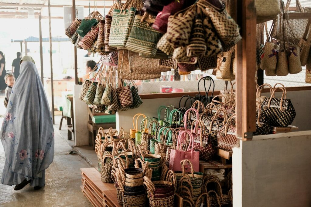 Handmade handbags on display